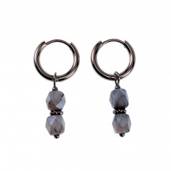 ∅14mm Oorbellen Dames - Gepolist RVS - Oorringen met Lichtgrijze Glaskralen Hanger