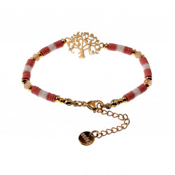 Roze-Wit Polymeerklei Armband met Levensboomhanger Verguld RVS