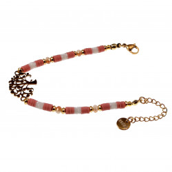 Roze-Wit Polymeerklei Armband met Levensboomhanger Verguld RVS
