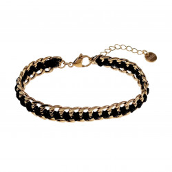 Verguld RVS Armband Dames - Cubaanse Schakelsarmband met Zwarte Koord