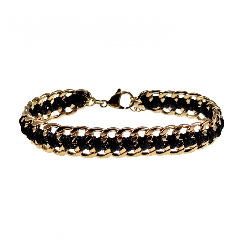 Verguld RVS Armband Dames - Cubaanse Schakelsarmband met Zwarte Koord Verguld RVS Armband Dames - Cubaanse Schakelsarmband met Zwarte Koord