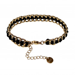 Verguld RVS Armband Dames - Cubaanse Schakelsarmband met Zwarte Koord