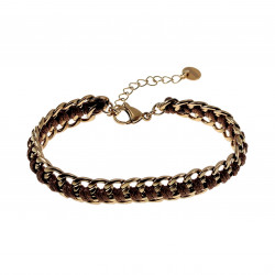 Verguld RVS Armband Dames - Cubaanse Schakelsarmband met Bruin Koord