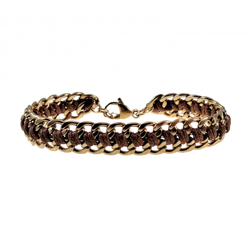 Verguld RVS Armband Dames - Cubaanse Schakelsarmband met Bruin Koord Verguld RVS Armband Dames - Cubaanse Schakelsarmband met Bruin Koord