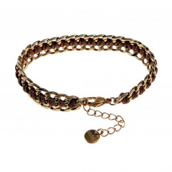 Verguld RVS Armband Dames - Cubaanse Schakelsarmband met Bruin Koord