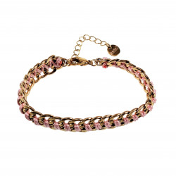 18cm tot 22cm Armband Dames - Breed - Verguld RVS - Cubaanse Schakelsarmband met Roze Koord - Verstelbaar