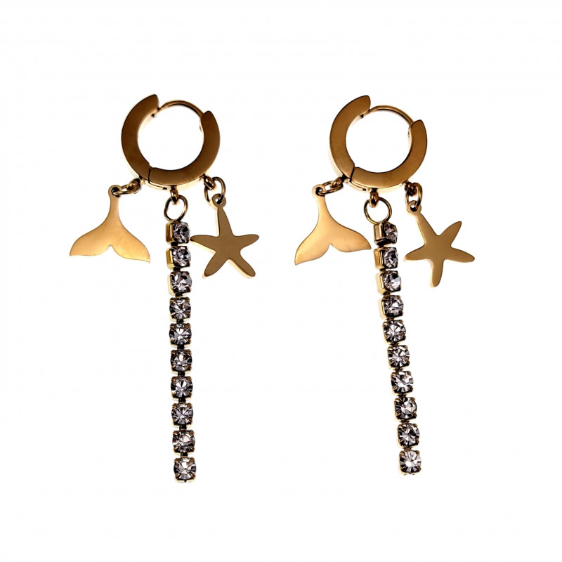 Oorbellen Dames - Verguld RVS - Oorringen met Drie Hanger Oorbellen Dames - Verguld RVS - Oorringen met Drie Hanger