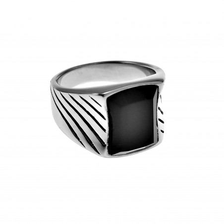 Ring Heren - Gepolijst RVS - Golvende Ring - Zegelkring met Onyx Steen