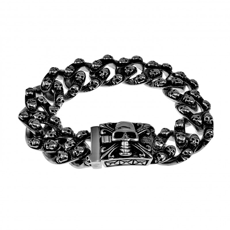 20cm x 20mm Armband Heren - Schedel Design - GepolijstRVS 316L - Cubaanse Schakelarmband met Schedelhoofden