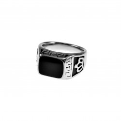 Ring Heren Kroon Design - Gepolijst RVS - Zegelring met Zwarte Emaille