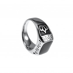 Ring Heren Kroon Design - Gepolijst RVS - Zegelring met Zwarte Emaille