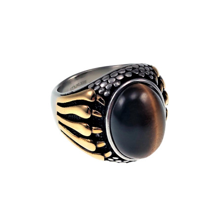 Ring Heren - Zilver-Goud Kleur RVS - Grote Ring met Tijgeroogsteen
