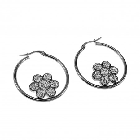 ∅34mm Oorbellen Dames - Gepolijst RVS - Oorringen met Fonkelende Bloem