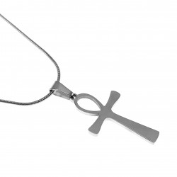 60cm x 1mm Ronde Slangenketting met Anhk-Kruis Unisex - Gepolijst RVS