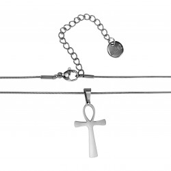 60cm x 1mm Ronde Slangenketting met Anhk-Kruis Unisex - Gepolijst RVS