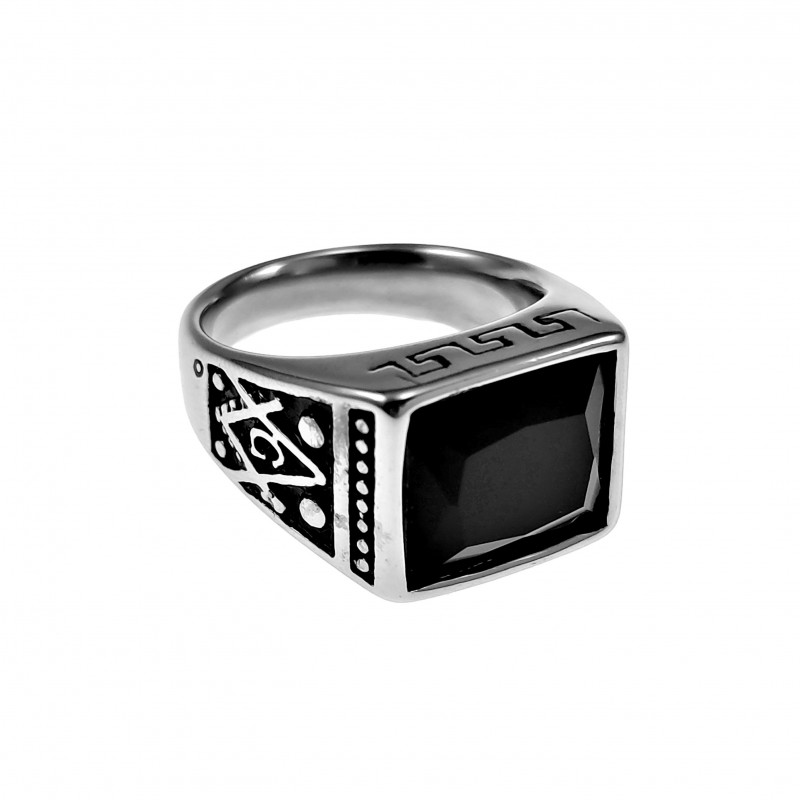 Heren - Grieks Zegelring - Gepolist RVS Vrijmetselaars Ring met Steen Heren - Grieks Zegelring - Gepolist RVS Vrijmetselaars Ring met Steen