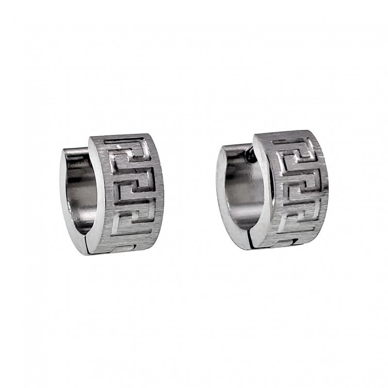 ∅13mm Oorringen Unisex - Geborsteld RVS - Oorbellen met Grieks Details ∅13mm Oorringen Unisex - Geborsteld RVS - Oorbellen met Grieks Details