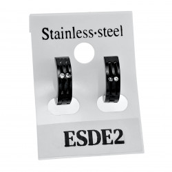 ∅13mm x 4mm Oorbellen Unisex - Zwart PVD Coating RVS - Oorringen met Twee Strass