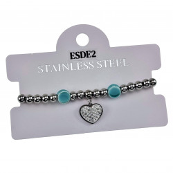 Kralen Armband Dames Gepolijst RVS - Turquoise Armband met Hart Hanger
