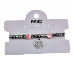 Kralen Armband Dames Gepolijst RVS - Roze Armband met Hart Hanger