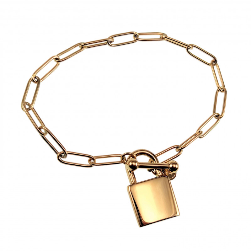 Dames - RVS 14K Goud Plated - Paperclipschakels Armband met Hangslot Dames - RVS 14K Goud Plated - Paperclipschakels Armband met Hangslot