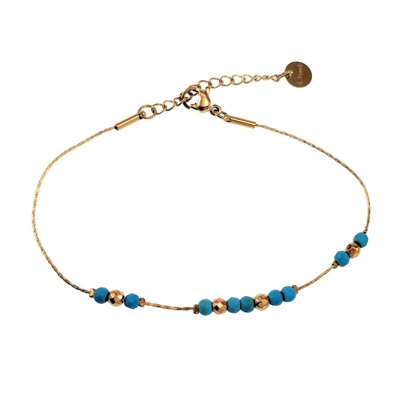 Armband Dames Natuurlijke Turquoise Kralen - RVS 14K Geel Goud Plated Armband Dames Natuurlijke Turquoise Kralen - RVS 14K Geel Goud Plated
