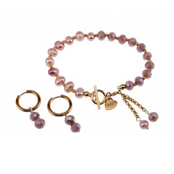Dames Armband met Paarse Kristal en Zoetwaterparels - Verguld RVS