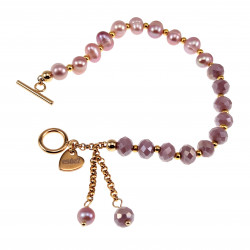 Dames Armband met Paarse Kristal en Zoetwaterparels - Verguld RVS