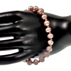 Armband Dames - Paarse Kristal - Zoetwaterparels Design - Verguld RVS - Kralenarmband met T-sluiting