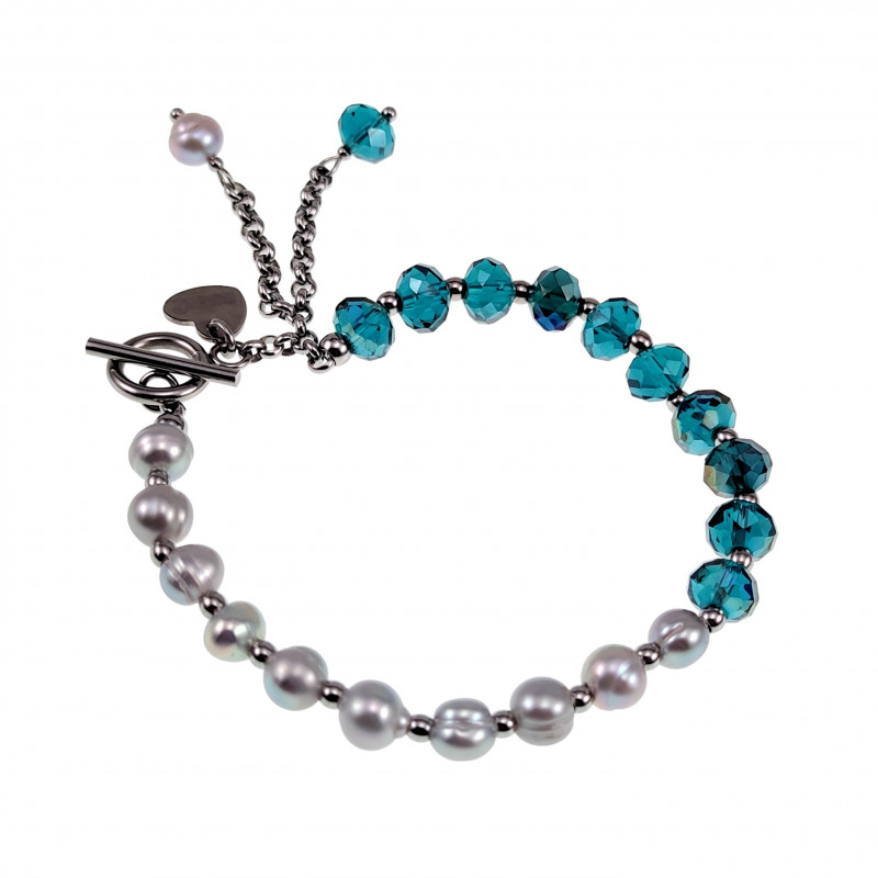 Dames Armband met Grijsblauwe Kristal en Zoetwaterparels - RVS Dames Armband met Grijsblauwe Kristal en Zoetwaterparels - RVS