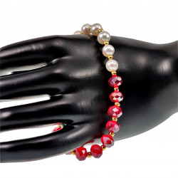 Armband Dames - Rode Kristal - Zoetwaterparels Design - Verguld RVS - Kralenarmband met T-sluiting