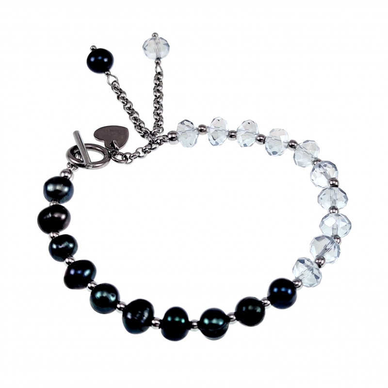 Armband met Transparante Blauwgrijze Kristal - Zoetwaterparels - RVS Armband met Transparante Blauwgrijze Kristal - Zoetwaterparels - RVS