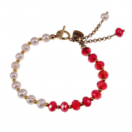 Dames Armband met Rode Kristal en Wite Zoetwaterparels - RVS