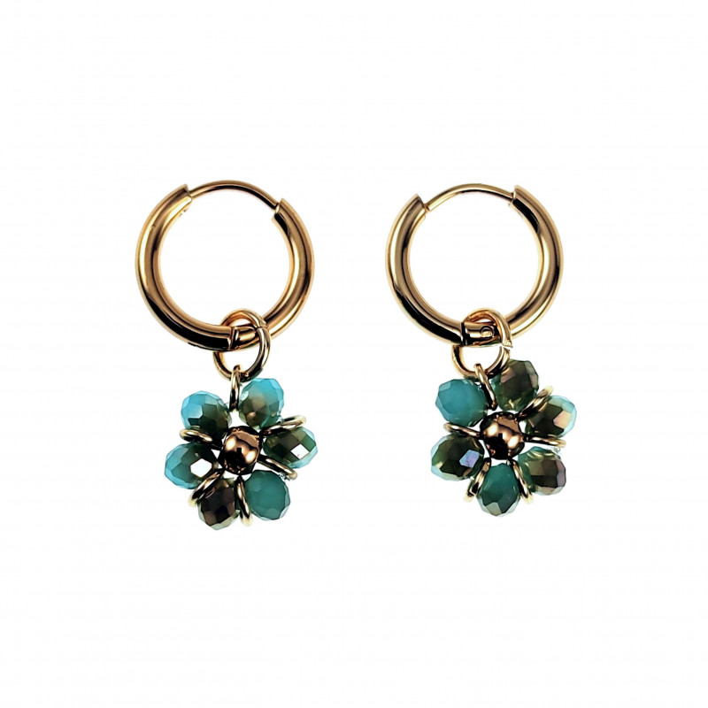 ∅14mm x 2mm Oorringen Dames - Verguld RVS - Turkooisgroen Gefacetteerde Kristallen Bloem Hanger - Bungelende Oorbellen