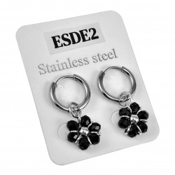 ∅14mm x 2mm Oorringen Dames - Gepolijst RVS - Zwart Gefacetteerde Kristallen Bloem Hanger - Bungelende Oorbellen