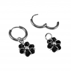∅14mm x 2mm Oorringen Dames - Gepolijst RVS - Zwart Gefacetteerde Kristallen Bloem Hanger - Bungelende Oorbellen