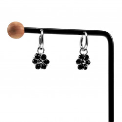 ∅14mm x 2mm Oorringen Dames - Gepolijst RVS - Zwart Gefacetteerde Kristallen Bloem Hanger - Bungelende Oorbellen