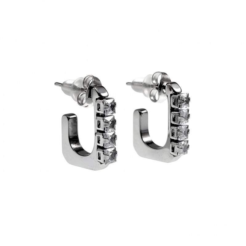 17mm Hoog Oorbellen Dames - RVS - U-vormige Oorbellen met Zirkonias 17mm Hoog Oorbellen Dames - RVS - U-vormige Oorbellen met Zirkonias