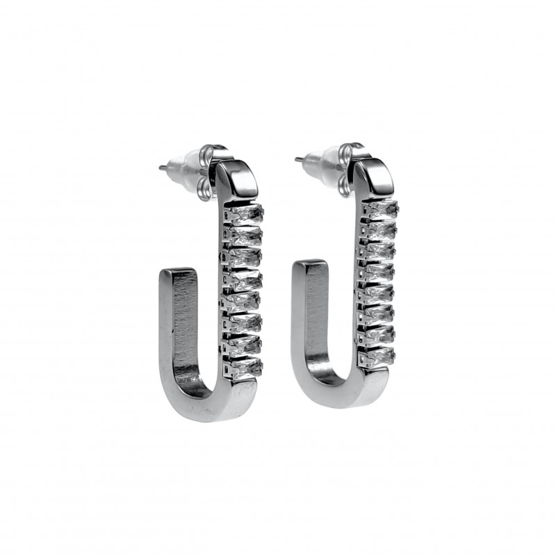 30mm Hoog Oorbellen Dames - RVS - U-vormige Oorbellen met Zirkonias 30mm Hoog Oorbellen Dames - RVS - U-vormige Oorbellen met Zirkonias