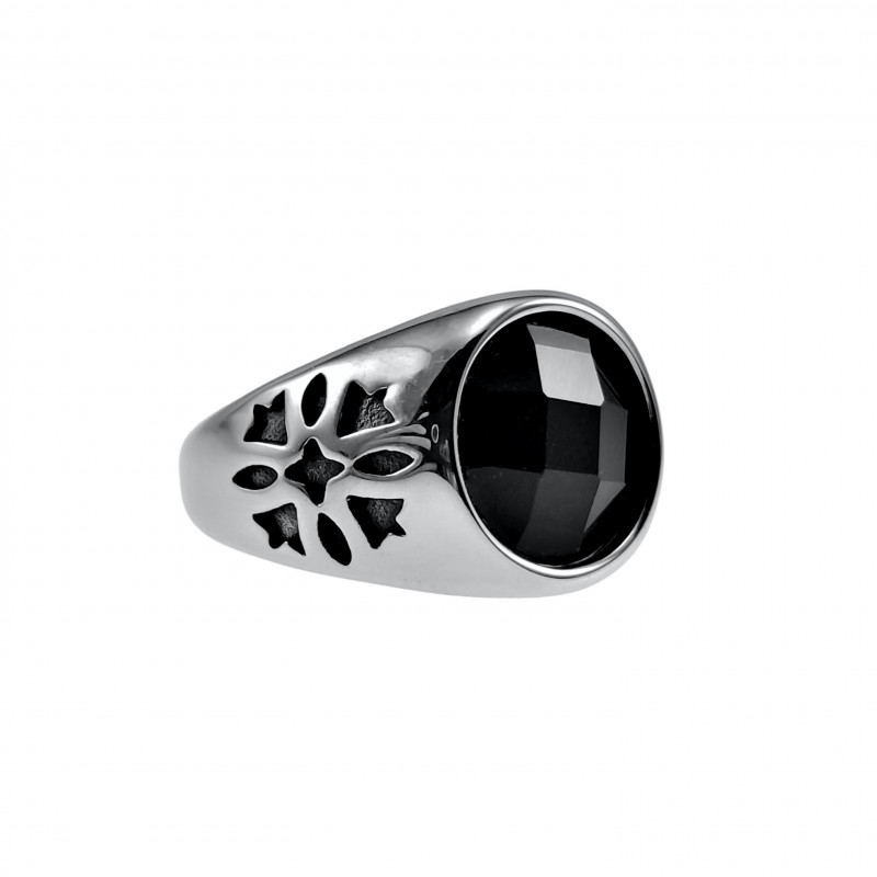 Zegelring Unisex - Gepolijst RVS - Ronde Ring met Zwarte Zirkonia Zegelring Unisex - Gepolijst RVS - Ronde Ring met Zwarte Zirkonia