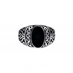 Zegelring Unisex - Gepolijst RVS - Ovale Design Ring met Zwarte Steen