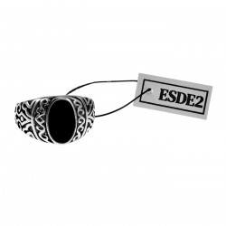 Zegelring Unisex - Gepolijst RVS - Ovale Design Ring met Zwarte Steen