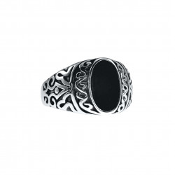 Zegelring Unisex - Gepolijst RVS - Ovale Design Ring met Zwarte Steen
