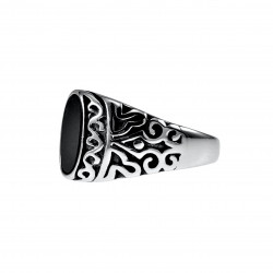 Zegelring Unisex - Gepolijst RVS - Ovale Design Ring met Zwarte Steen