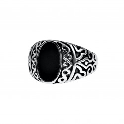 Zegelring Unisex - Gepolijst RVS - Ovale Design Ring met Zwarte Steen