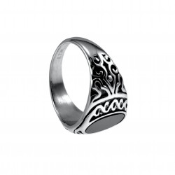 Zegelring Unisex - Gepolijst RVS - Ovale Design Ring met Zwarte Steen