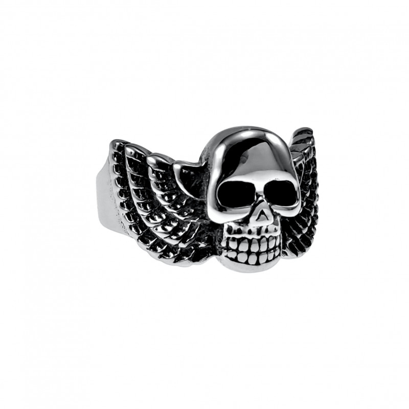 Ring Unisex - Gepolijst RVS - Schedelkop Ring met Engelenvleugels Dames - Heren