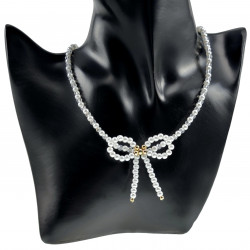 43cm tot 47cm Ketting Dames - Kristal Parels en Gefacetteerde Kristallen - Verguld RVS - Verstelbaar Ketting met Strik - Collier