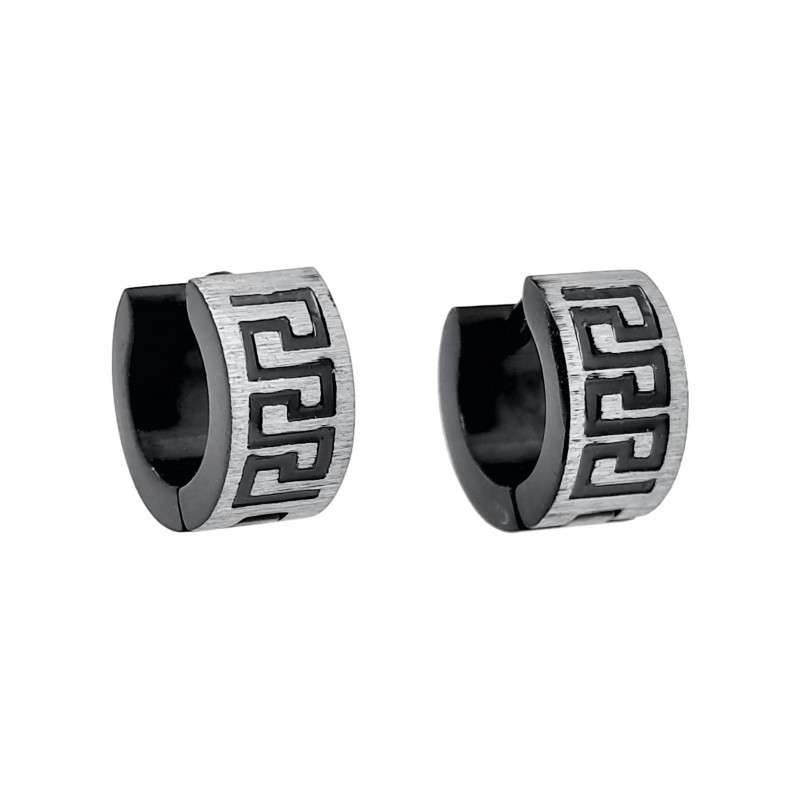 Ø13mm x 7mm Oorringen Unisex - Zwarte PVD coating en Zilverkleurig RVS - Oorbellen met Grieks Details Ø13mm x 7mm Oorringen Unisex - Zwarte PVD coating en Zilverkleurig RVS - Oorbellen met Grieks Details