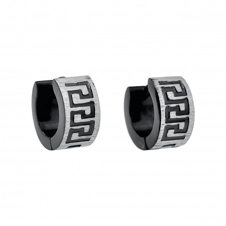 Ø13mm x 7mm Oorringen Unisex - Zwarte PVD coating en Zilverkleurig RVS - Oorbellen met Grieks Details